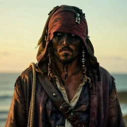 photo portrait of hooded, hood over face, rope on arm, hidden face, caribbean pirate with a brown coat with a rope on shoulder, rugged and dirty, cinematic lighting at sundawn, movie color grading