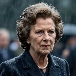 margaret thatcher covered in rain, close - up, atmospheric moody hyper realistic award winning color cinematic still 8 k