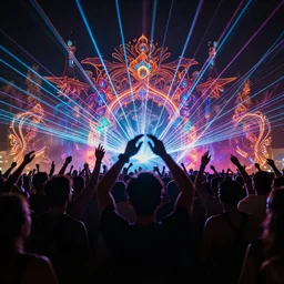 crowd partying with their hands up at a festival, silhouette, laser show, digital art, trending on artstation, 4k, unreal engine, intricate, ornate