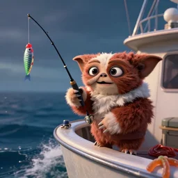 gizmo from the film gremlins ( 1 9 8 4 ) goes deep sea fishing in a sportfisherman boat. gizmo is fishing for swedish fish candy by using gummi worm candy as bait. photorealistic digital art in the style of pixar, epic fantasy, dramatic lighting, cinematic, extremely high detail, cinematic lighting, trending, artstation, cgsociety, 3 d ue 5, 4 k, hq