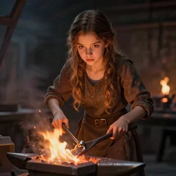 idealistic portrait of a young girl working in a blacksmith's forge, clear eyes, fair skin, beautiful hair, tools in her hands, fantasy art, fire, 8 k digital art, unreal engine, far away, in the style of greg simkins and h. r. giger,