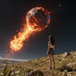 a girl on a hill watching a flaming asteroid fall from space, octane render very realistic beatiful 8k digital art