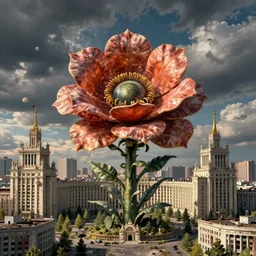 colossal alien flower in the middle of abandoned post soviet constructivist cityscape, Stalinist architecture, ultradetailed, Intricate by Hayao Miyazaki and Josan Gonzalez and Giuseppe Arcimboldo and Wes Anderson and H.R. Giger