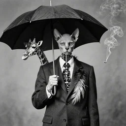 photographic portrait max ernst sad woman hairless cat feathers, mechanical, wearing a suit, holding an umbrella and a giraffe, spiraling tree cigarette smoke, editorial