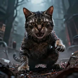 an epic action concept masterpiece of crazed cat in despair, inspired by sd ai, digital art, horrific cinematic lighting, 4 k