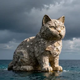 a giant rock shaped like a cat in the sea, professional detailed photo