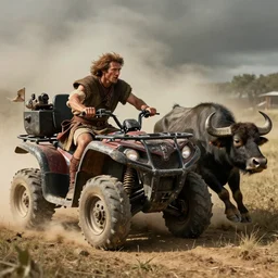 photo of an ancient tribesman on ancient atv with wooden wheels,  hunting buffalo ,attacking, chase, action scene, an epic fantasy, dramatic lighting, cinematic, establishing shot, extremely high detail, photorealistic, cinematic lighting, artstation, octane render, by simon stalenhag, horizon forbidden west,old photo, high speed photography, vintage