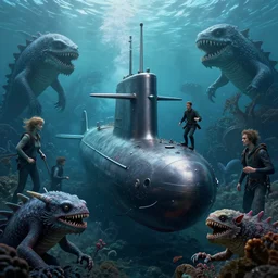 A fancy portrait of a Submarine underwater surrounded with sea monsters by Greg Rutkowski, Sung Choi, Mitchell Mohrhauser, Maciej Kuciara, Johnson Ting, Maxim Verehin, Peter Konig, Bloodborne, 8k photorealistic, cinematic lighting, HD, high details, dramatic, dark atmosphere, trending on artstation