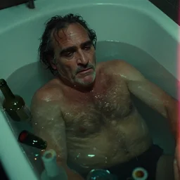 the upper shot of old wrinkled unkempt drunkard ( ( joaquin phoenix ) ) taking a bath with empty bottles in the water, cinematography of christopher doyle, neon gloomy light, anamorphic, optical flares, kodak film, sharp focus, realistic, 8 k