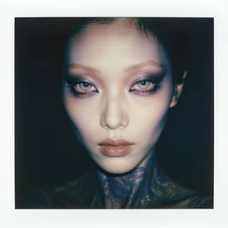 grainy color polaroid of a beautiful feminine alien, iridescent eyes, consumed by darkness, dreamlike, intricate detail, sigma 85mm f/1.4, 4k