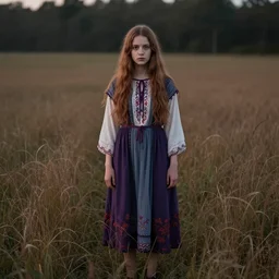 technicolor. girl standing in a field. soft lighting. folk horror