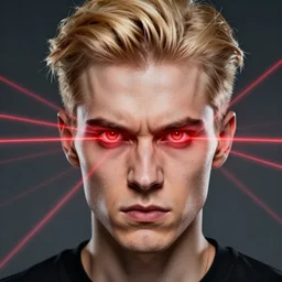 hyper realistic portrait of a man with blonde two sides hair and thin face lines, he is throwing red lasers with his eyes and is very angry