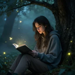 portrait, stunningly beautiful girl wearing a hoodie, sits in a mystical misty forest, reading under a tree, fireflies and fairies, dramatic lighting, cinematic, establishing shot, extremly high detail, foto realistic, cinematic lighting, post processed, concept art, artstation, matte painting, style by eddie mendoza, raphael lacoste, alex ross