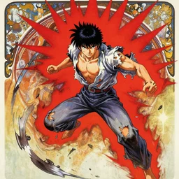tetsuo from akira, red spike aura in motion, damaged japanese clothes, floating pieces, painted by art by tsuyoshi nagano, greg rutkowski, artgerm, alphonse mucha, spike painting