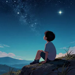 a kid sit in the fool watching the starry sky, sideview, masterpiece epic retrowave art, trending on art station