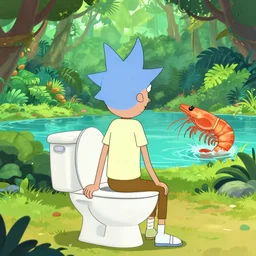 High resolution: Subject: morty sits on toilet of paradise, background =  jungle scenes behind morty and Pickle Rick is being eaten by a giant shrimp in a lake, style= Full HD, 4K, QHD, camera angle = directly behind morty on the toilet looking out into the jungle scene where Pickle  Rick is being eaten by a giant shrimp