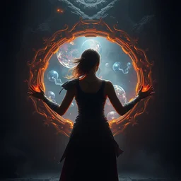 a woman is holding a portal to another universe in the style of cedric peyravernay wlop greg rutkowski, fantasy, epic, raytraced lighting, volumetric lighting, unreal engine 5