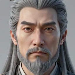 face closeup covered with 5 0 year old man, pale skin, grey beard, long grey hair, symmetric face, 3 d render, hyper - realistic detailed portrait, ruan jia, wlop