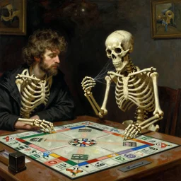 painting by dean cornwell, ilya repin, nc wyeth painting, dusty cobweb skeleton waiting for his turn at the table, monopoly boardgame night