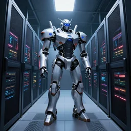 a digital art of robot power armor in server room in style of space odyssey character design, robot in data center, trending on artstation, 8 k, ultra wide angle, zenith view, pincushion lens effect