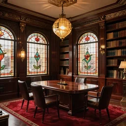 luxurious art deco themed office interior, dark walnut wood, stained glass windows, multiple desks, meeting table, red carpet, elegant, book shelfs, victorian, edwardian, chique, style of peaky blinders, brass details, bankers lamp, steam punk, 8 k