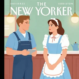 Twin Peaks art, of Michael Shannon dressed as mechanic talking to Jennifer Connelly wearing light blue diner waitress dress, poster artwork by James Edmiston, from scene from Twin Peaks, simple illustration, domestic, nostalgic, from scene from Twin Peaks, clean, New Yorker magazine cover