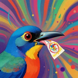 a colorful vibrant closeup portrait of a bird licking a tab of LSD acid on his tongue and dreaming psychedelic hallucinations, by kawase hasui, moebius, Edward Hopper and James Gilleard, Zdzislaw Beksinski, Steven Outram colorful flat surreal design, hd, 8k, artstation