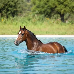 A horse in the middle of a swimming pool