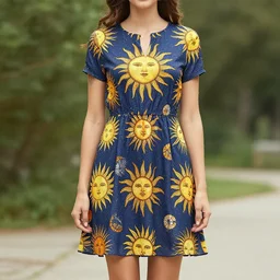 woman wearing dress with sun motif