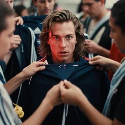 incredible absurd surreal closeup of people getting new adidas clothes, people enjoying their new clothes in the style of michael bay action movie, vsco film grain