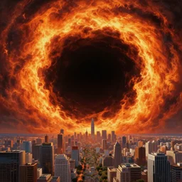 a massive black void in the center of the sky surrounded by swirling firestorm clouds, a detailed wide cityscape modern, wide perspective, highly detailed digital art, cinematic, bright colors, hyper realism, oil on canvas, trending on Artstation, octane render