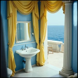 movie still by tarkovsky of a blue neoclassical bathroom with yellow drapery with columns next to the ocean, cinestill 8 0 0 t 3 5 mm, heavy grain, high quality, high detail, isometric view