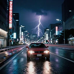 a single trans am, speeding down tokyo highway in the rain, night time, neon lights, thunderstorm, movie still from the movie bladerunner 2 0 4 9