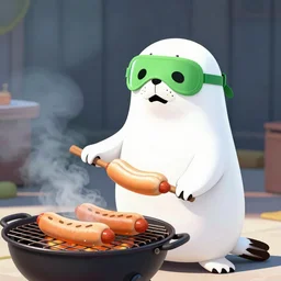 white cartoon seal wearing green ski mask cooking hotdogs on the barbecue grill, 8k