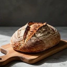 Photograph of a delicious loaf of sourdough bread on a wooden breadboard
