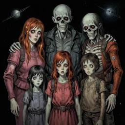 detailed image of a creepy family in the deep space by richard corben, by Ernest Renard, rich deep colors. Masterpiece! intricate artwork, very coherent symmetrical artwork, cinematic, hyper realism, high detail, octane render, unreal engine, 8k, Vibrant colors, Smooth gradients, High contrast, depth of field. by Katsuhiro Otomo, full body character drawing, inspired by Evangeleon, clean ink detailed line drawing, intricate detail, extremely detailed.