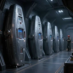 epic professional digital art of interior scene of dark spaceship room of upright advanced stasis pods lining wall, by gurmukh bhasin, hamish frater, cinematic, detailed, artstation, cgsociety, epic, stunning, gorgeous, wow wow detail