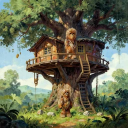 wookiee treehouse village, gigantic trees, painting by ralph mcquarrie
