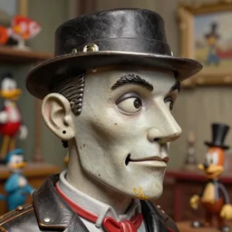 highly detailed closeup, face profile portrait of a tin toy jack the ripper, depth of field, fashion photoshoot by nicoletta ceccoli, mark ryden, lostfish, dan decarlo, bob clampett, max fleischer, breathtaking, detailed and intricate environment, 8 k resolution, hyperrealistic, octane render