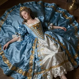 Elegant laydy in blue Neoclassical dress with gold ornaments. By Konstantin Razumov, highly detailded