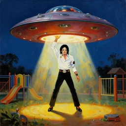 flying saucer ufo abducting michael jackson from a playground masterpiece, dramatic light and shadow, saturated colors, ciaroscuro. painted by anders zorn