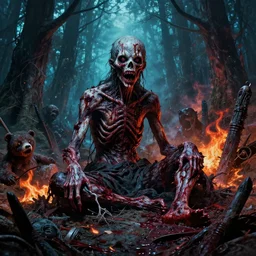 high resolution 4 k goru, blood, horror made in abyss design bizarre design body a field of cool colors shading war bloody war wounded country bears rockafire explosion billy bob sitting in a forest of the abyss eradication, pogrom, at war, art in the style of and oleg vdovenko and akihito tsukushi