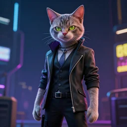 cyberpunk cat in suit, final render, unreal engine