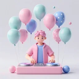 3d matte render, dj rave party, Hsiao-Ron Cheng, balloons, pastel colors, hyper-realism, pastel, polkadots, minimal, simplistic, amazing composition, woman, vaporwave, wow, Gertrude Abercrombie, Beeple, minimalistic graffiti masterpiece, minimalism, 3d abstract render overlayed, black background, psychedelic therapy, trending on ArtStation, ink splatters, pen lines, incredible detail, creative, positive energy, happy, unique, negative space, pure imagination painted by artgerm
