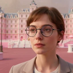 cinematic mid shot of a high detail, woman's face looking off camera, with round glasses. fine facial features. she stands in an empty, pastel colourful 3 d, factory scene, by jeffrey smart and gregory crewdson and edward hopper, inspired by the grand budapest hotel