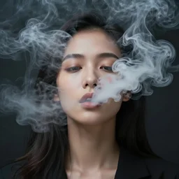 a beautiful filipino woman breathing out incredible thick smoke covering her face, thought provoking, matte colors, very very very very dramatic lighting, abstract and inspiring digital art by conrad roset trending on artstation