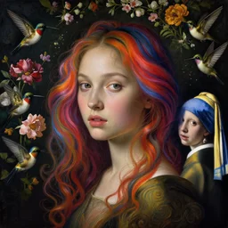 a closeup portrait of one beautiful kpop goddess with swirling vivid coloured hair and a wall full of flowers and hummingbirds in the background, painted by botticelli, rachel ruysch, vermeer and ambrosius bosschaert, hyperrealism, dark, dramatic lighting, swirly paint, analogous complementary colour scheme, trending in artstation, octane, rendered