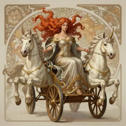 A gorgeous Norse Goddess with log flowing red hair being pulled by two unicorns in her chariot, fantasy, intricate, elegant, highly detailed, D&D, digital painting, artstation, concept art, matte painting, sharp focus, illustration, in the style of Greg Rutkowski and Alphonse Mucha and artemisia gentileschi