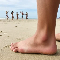a closeup of a gigantic swollen foot on a beach, while far in the background five peoples dance on the beach