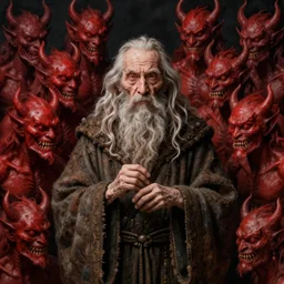 portrait of an old frail ominous wise wizard man wearing an ancient robe, surrounded by many red demons art by hieronymus bosch